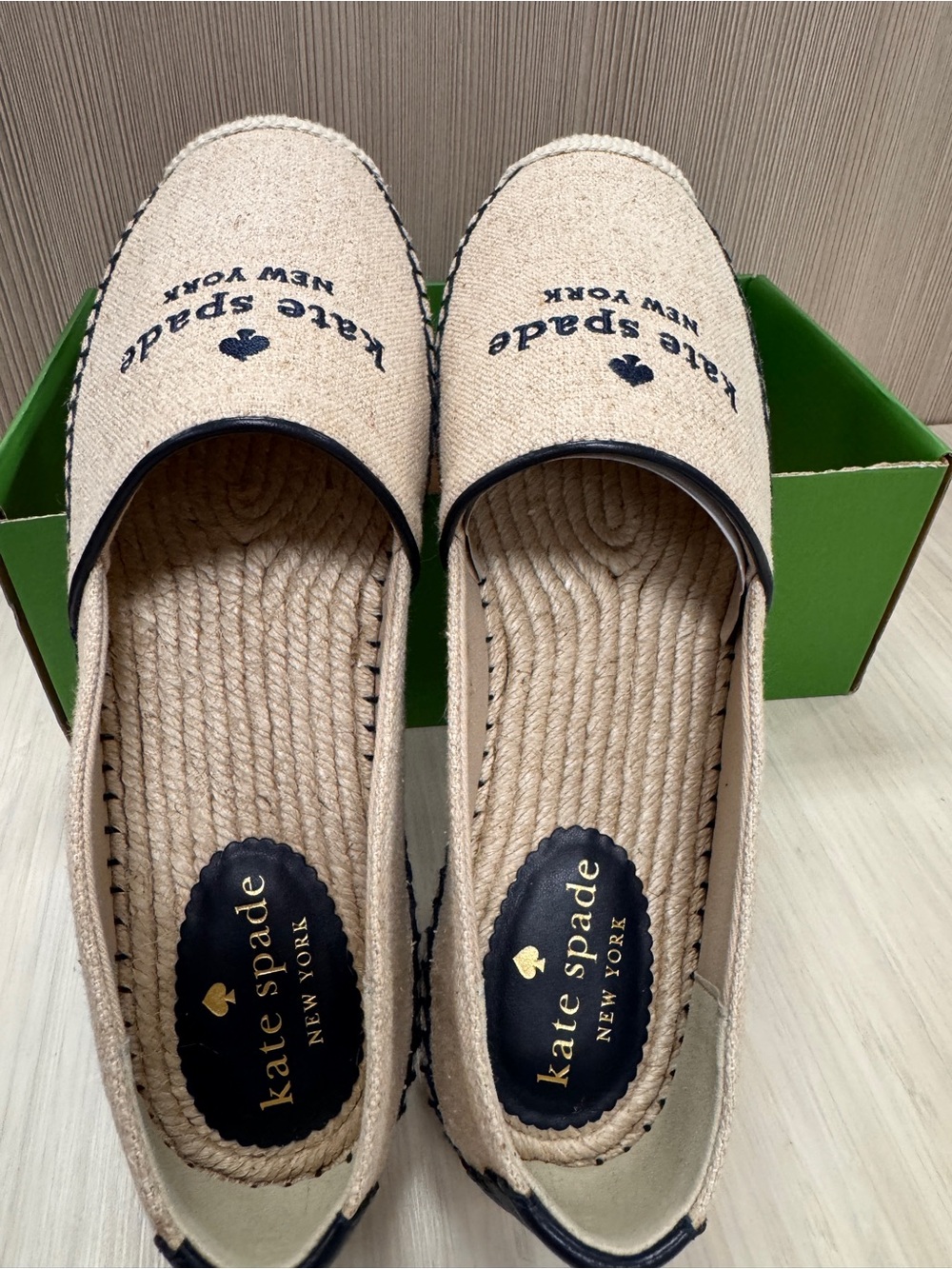 kate spade Beige Canvas Espadrille Slip-Ons with Navy Trim